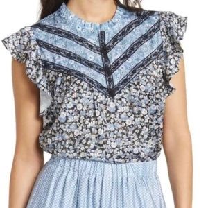 H Halston Lace Appliqué Washed Satin Top Poppy Black/PoppyBlue Size Large New